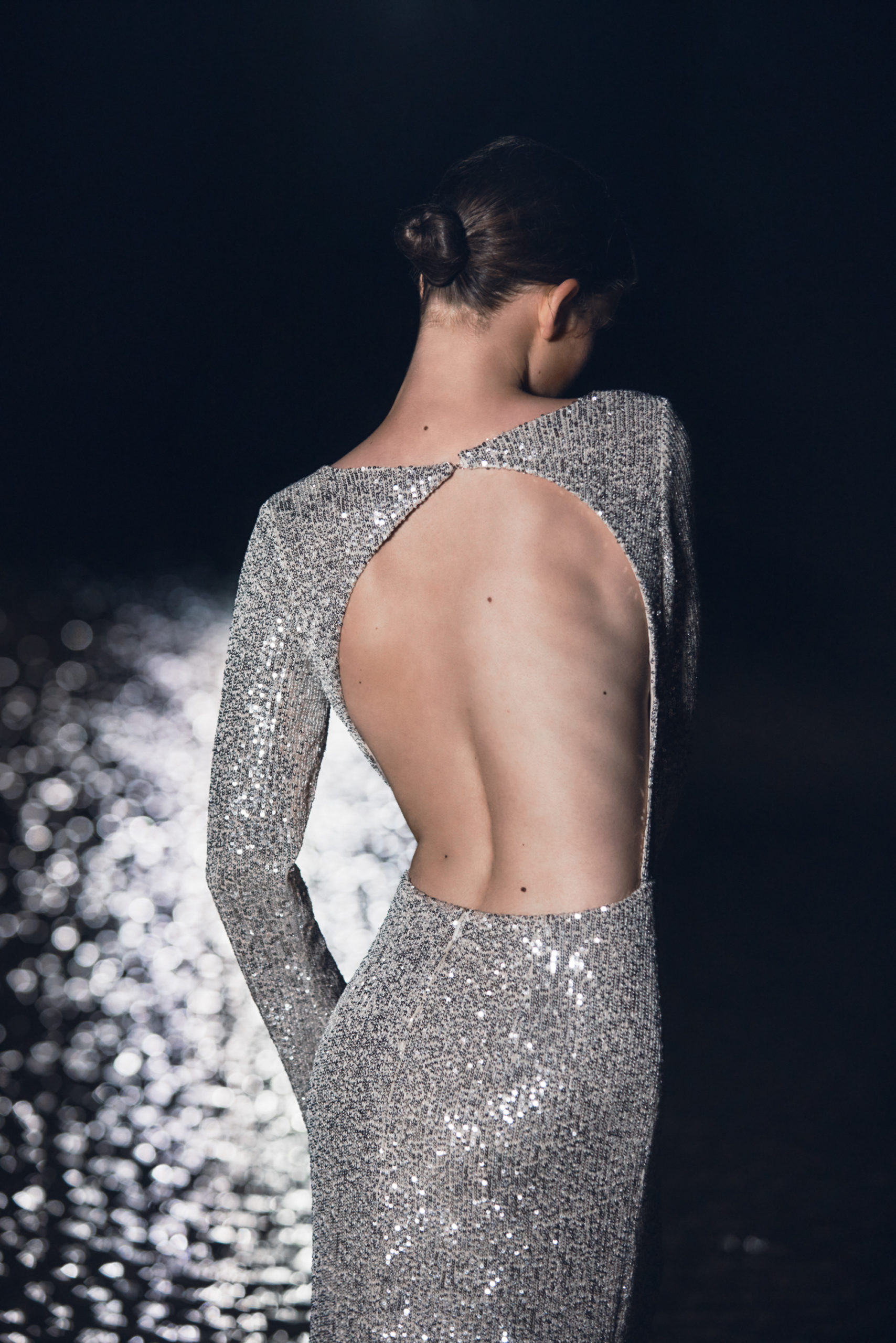 Open back sequinned wedding gown by & For Love. Modelled at The Lane Fall 22 Bridal Week.
